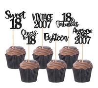 Xsstarmi 24 Pack Vintage 2007 Cupcake Toppers Black Glitter Happy 18th Birthday Cheers to 18 Eighteen 18 Fabulous Cupcake Picks for Sweet 18th Birthday Wedding Anniversary Party Cake Decorations