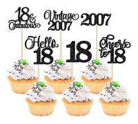 Xsstarmi 24 Pack Vintage 2007 Cupcake Toppers Glitter Black Hello 18 Fabulous Eighteen Cupcake Picks Cheers to 18 Years Cake Decorations for Happy 18th Birthday Anniversary Party Supplies