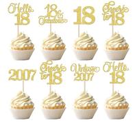 Xsstarmi 24 Pack Vintage 2007 Cupcake Toppers Glitter Gold Hello 18 Fabulous Eighteen Cupcake Picks Cheers to 18 Years Birthday Cake Decorations for Happy 18th Birthday Anniversary Party Supplies