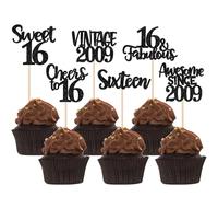 Xsstarmi 24 Pack Vintage 2008 Cupcake Toppers Black Glitter Happy 16th Birthday Cheers to 16 Sixteen 16 Fabulous Cupcake Picks for Sweet 16th Birthday Wedding Anniversary Party Cake Decorations