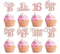 Xsstarmi 24 Pack Vintage 2009 Cupcake Toppers Rose Gold Glitter Heart Hello Sixteen Sweet 16 Cupcake Picks Cheers to 16 Years Cake Decorations for Happy 16th Birthday Anniversary Party Supplies