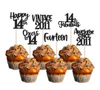 Xsstarmi 24 Pack Vintage 2011 Cupcake Toppers Black Glitter Happy 14th Birthday Cheers to 14 Fourteen 14 Fabulous Cupcake Picks for Sweet 14th Birthday Wedding Anniversary Party Cake Decorations