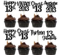 Xsstarmi 24 Pack Vintage 2013 Cupcake Toppers Black Glitter Happy 13th Birthday Cheers to 13 Thirteen 13 Fabulous Cupcake Picks for Sweet 13th Birthday Wedding Anniversary Party Cake Decorations