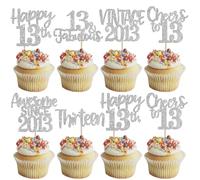 Xsstarmi 24 Pack Vintage 2013 Cupcake Toppers Sweet 13th Birthday Cake Decorations Thirteen 13 Fabulous Cupcake Picks Cheers to 13 Years Old Birthday Wedding Anniversary Party Decorations Silver