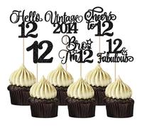 Xsstarmi 24 Pack Vintage 2014 Cupcake Toppers Glitter Black Star Bro I'm 12 Fabulous Cupcake Picks Cheers to 12 Years Cake Decorations for Happy 12th Birthday Anniversary Party Supplies