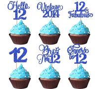 Xsstarmi 24 Pack Vintage 2014 Cupcake Toppers Glitter Blue Star Bro I'm 12 Fabulous Cupcake Picks Hello 12 Cheers to 12 Years Cake Decorations for Happy 12th Birthday Anniversary Party Supplies