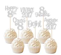 Xsstarmi 24 Pack Vintage 2017 Cupcake Toppers Sweet 8th Birthday Cake Decorations Eight 8 Fabulous Cupcake Picks Cheers to 8 Years Old Birthday Wedding Anniversary Party Decorations Silver
