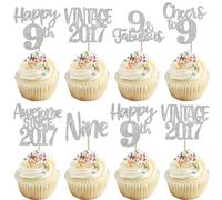 Xsstarmi 24 Pack Vintage 2017 Cupcake Toppers Sweet 9th Birthday Cake Decorations Nine 9 Fabulous Cupcake Picks Cheers to 9 Years Old Birthday Wedding Anniversary Party Decorations Silver