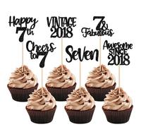 Xsstarmi 24 Pack Vintage 2018 Cupcake Toppers Black Glitter Happy 7th Birthday Cheers to 7 Seven 7 Fabulous Cupcake Picks for Sweet 7th Birthday Wedding Anniversary Party Cake Decorations