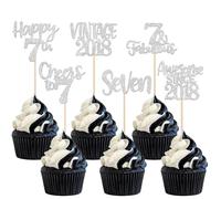 Xsstarmi 24 Pack Vintage 2018 Cupcake Toppers Sweet 7th Birthday Cake Decorations Seven 7 Fabulous Cupcake Picks Cheers to 7 Years Old Birthday Wedding Anniversary Party Decorations Silver