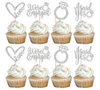 Xsstarmi 24 Pack We're Engaged Cupcake Toppers Diamond Ring Glitter Love Sweet Heart She Said Yes Cupcake Picks Decoration for Wedding Engagement Bridal Shower Party Cake Decorations Supplies Silver