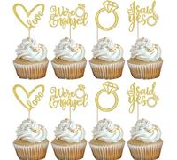 Xsstarmi 24 Pack We're Engaged Cupcake Toppers Diamond Ring Glitter Sweet Heart Love She Said Yes Cupcake Picks for Wedding Engagement Bridal Shower Theme Party Cake Decorations Supplies Gold