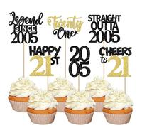 Xsstarmi 24 Pcs 21st Birthday Cupcake toppers Black Gold Glitter Hello twenty one Legend Since 2005 Cake Picks for Cheers to 21 years old Birthday Party Decorations Supplies
