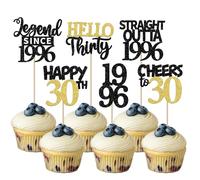 Xsstarmi 24 Pcs 30th Birthday Cupcake toppers Black Gold Glitter Hello thirty Legend Since 1996 Cake Picks for Cheers to 30 years old Birthday Party Decorations Supplies