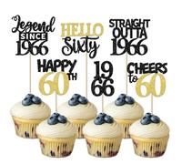 Xsstarmi 24 Pcs 60th Birthday Cupcake toppers Black Gold Glitter Hello sixty Legend Since 1966 Cake Picks for Cheers to 60 years old Birthday Party Decorations Supplies