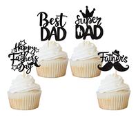 Xsstarmi 24 PCS Black Happy Father's Day Cupcake Toppers with Glitter Crown Hat Moustache Love Father Best Dad Super Dad Cupcake Picks for Happy Father's Day Birthday Party Cake Decorations Supplies