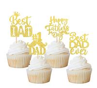Xsstarmi 24 PCS Happy Father's Day Cupcake Toppers Glitter Best Dad Ever #1 Dad Cupcake Picks Tool Construction Cake Decorations for Happy Father's Day Birthday Party Supplies Gold