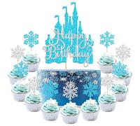 Xsstarmi 25 Pack Frozen Castle Cake Topper Decorations Set Blue Glitter Ice Castle Snowflakes Cake Pick for Winter Frozen Theme Baby Shower Kids Birthday Party Cake Decorations Supplies