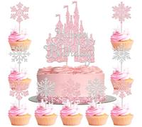 Xsstarmi 25 Pack Frozen Castle Cake Topper Decorations Set Pink Glitter Ice Castle Snowflakes Cake Pick for Winter Frozen Theme Baby Shower Kids Birthday Party Cake Decorations Supplies