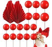 Xsstarmi 28 Pack Paper Palm Fan Cake Topper Balls Cake Pick for Baby Shower Wedding Bridal Shower Birthday Party Cake Decorations Supplies Red