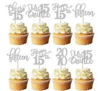 Xsstarmi 30 Pack 15th Birthday Cupcake Toppers Glitter Fifteen Since 2010 Cupcake Picks Cheers to 15 Mis Quince 15 Cake Decorations for 15th Birthday Anniversary Party Silver