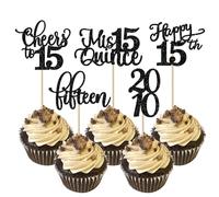 Xsstarmi 30 Pack 15th Birthday Cupcake Toppers Glitter Fifteen Since 2010 Cupcake Picks Cheers to 15 Mis Quince 15 Cake Decorations for 15th Birthday Anniversary Party Black