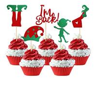 Xsstarmi 30 Pack Christmas Elf Cupcake Toppers Green Red Glitter Santa Hat I'm Back Elf Legs Cupcake Picks for Merry Christmas New Year Holiday Birthday Party Cake Decorations Supplies