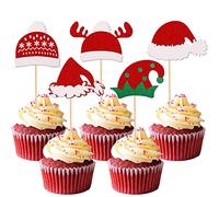 Xsstarmi 30 Pack Christmas Santa Hat Cupcake Toppers Glitter Santa Claus Hat Elve Hat Cupcake Picks for Christmas Theme Happy New Year Birthday Party Cake Decorations Supplies