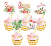 Xsstarmi 30 Pack Flamingo Cupcake Toppers Glitter Double Sided Flower Hawaii Aloha Luau Cupcake Picks for Summer Beach Theme Baby Shower Party Tropical Bird Party Cake Decorations Supplies