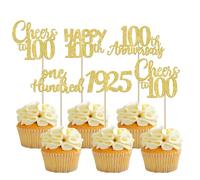 Xsstarmi 30 Pack Glitter 100th Birthday Cupcake Toppers One Hundred Since 1925 Cheers to 100 Cupcake Picks for Happy 100th Birthday Anniversary Party Cake Decorations Gold
