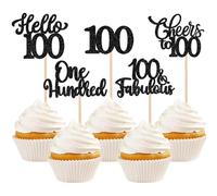 Xsstarmi 30 Pack Happy 100th Birthday Cupcake Toppers Black Glitter Hello 100 Fabulous One Hundred Cupcake Picks Cheers to 100 Years Cake Decorations for Happy 100th Birthday Party Supplies