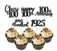 Xsstarmi 30 Pack Happy 100th Birthday Cupcake Toppers Glitter One Hundred Since 1925 Cheers to 100 Years Old Birthday Cupcake Picks for 100th Birthday Anniversary Party Cake Decorations Black