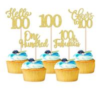 Xsstarmi 30 Pack Happy 100th Birthday Cupcake Toppers Gold Glitter Hello 100 Fabulous One Hundred Cupcake Picks Cheers to 100 Years Cake Decorations for Happy 100th Birthday Party Supplies