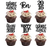 Xsstarmi 30 Pack Happy 10th Birthday Cupcake Toppers Black Glitter Double Digits Ten Straight Outta 2016 Cupcake Picks for Cheers to 10 Years 10th Birthday Anniversary Party Cake Decorations