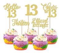 Xsstarmi 30 Pack Happy 13th Birthday Cupcake Toppers Gold Glitter Hello 13 Fabulous Office Teenager Cupcake Picks Cheers to 13 Years Cake Decorations for Happy 13th Birthday Party Supplies