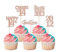 Xsstarmi 30 Pack Happy 14th Birthday Cupcake Toppers Glitter Fourteen Straight Outta 2012 Cupcake Picks for Cheers to 14 Years 14th Birthday Anniversary Party Cake Decorations Rose Gold