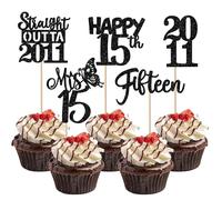 Xsstarmi 30 Pack Happy 15th Birthday Cupcake Toppers Black Glitter Mis 15 Straight Outta 2011 Cupcake Picks for Cheers to 15 Years 15th Birthday Anniversary Party Cake Decorations