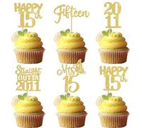 Xsstarmi 30 Pack Happy 15th Birthday Cupcake Toppers Gold Glitter Mis 15 Straight Outta 2011 Cupcake Picks for Cheers to 15 Years 15th Birthday Anniversary Party Cake Decorations