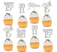 Xsstarmi 30 Pack Happy 15th Birthday Cupcake Toppers Silver Glitter Mis 15 Straight Outta 2011 Cupcake Picks for Cheers to 15 Years 15th Birthday Anniversary Party Cake Decorations