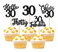 Xsstarmi 30 Pack Happy 30th Birthday Cupcake Toppers Black Glitter Hello 30 Fabulous Thirty Birthday Cupcake Picks Cheers to 30 Years Cake Decorations for Happy 30th Birthday Party Supplies