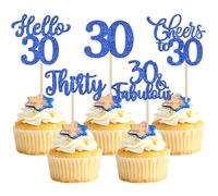 Xsstarmi 30 Pack Happy 30th Birthday Cupcake Toppers Blue Glitter Hello 30 Fabulous Thirty Birthday Cupcake Picks Cheers to 30 Years Cake Decorations for Happy 30th Birthday Party Supplies
