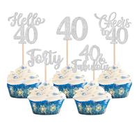 Xsstarmi 30 Pack Happy 40th Birthday Cupcake Toppers Silver Glitter Hello 40 Fabulous Forty Birthday Cupcake Picks Cheers to 40 Years Cake Decorations for Happy 40th Birthday Party Supplies