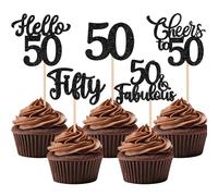 Xsstarmi 30 Pack Happy 50th Birthday Cupcake Toppers Black Glitter Hello 50 Fabulous Fifty Birthday Cupcake Picks Cheers to 50 Years Cake Decorations for Happy 50th Birthday Party Supplies