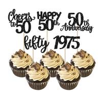 Xsstarmi 30 Pack Happy 50th Birthday Cupcake Toppers Glitter Fifty Since 1975 Cheers to 50 Cupcake Picks for 50th Birthday Anniversary Party Cake Decorations Supplies Black