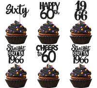 Xsstarmi 30 Pack Happy 60th Birthday Cupcake Toppers Black Glitter Sixty Straight Outta 1966 Cupcake Picks for Cheers to 60 Years 60th Birthday Anniversary Party Cake Decorations