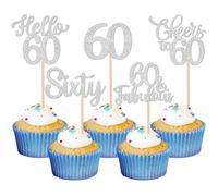 Xsstarmi 30 Pack Happy 60th Birthday Cupcake Toppers Silver Glitter Hello 60 Fabulous Fifty Birthday Cupcake Picks Cheers to 60 Years Cake Decorations for Happy 60th Birthday Party Supplies