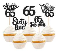 Xsstarmi 30 Pack Happy 65th Birthday Cupcake Toppers Black Glitter Hello 65 Fabulous Sixty Five Birthday Cupcake Picks Cheers to 65 Years Cake Decorations for Happy 65th Birthday Party Supplies