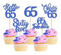 Xsstarmi 30 Pack Happy 65th Birthday Cupcake Toppers Blue Glitter Hello 65 Fabulous Sixty Five Birthday Cupcake Picks Cheers to 65 Years Cake Decorations for Happy 65th Birthday Party Supplies