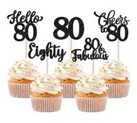 Xsstarmi 30 Pack Happy 80th Birthday Cupcake Toppers Black Glitter Hello 80 Fabulous Eighty Birthday Cupcake Picks Cheers to 80 Years Cake Decorations for Happy 80th Birthday Party Supplies