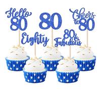 Xsstarmi 30 Pack Happy 80th Birthday Cupcake Toppers Blue Glitter Hello 80 Fabulous Eighty Birthday Cupcake Picks Cheers to 80 Years Cake Decorations for Happy 80th Birthday Party Supplies